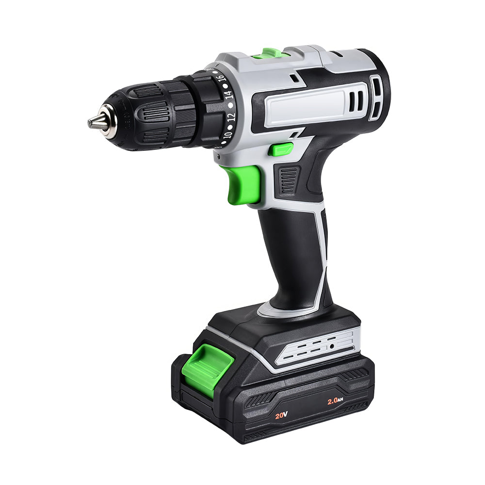 20V Cordless Drill Set with 2.0Ah Battery & Charger, 3/8" Chuck, 2-Speed