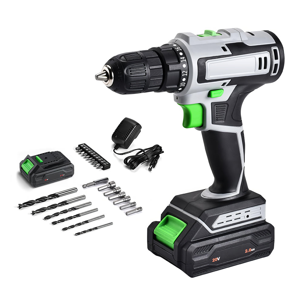 20V Cordless Drill Set with 2.0Ah Battery & Charger, 3/8" Chuck, 2-Speed