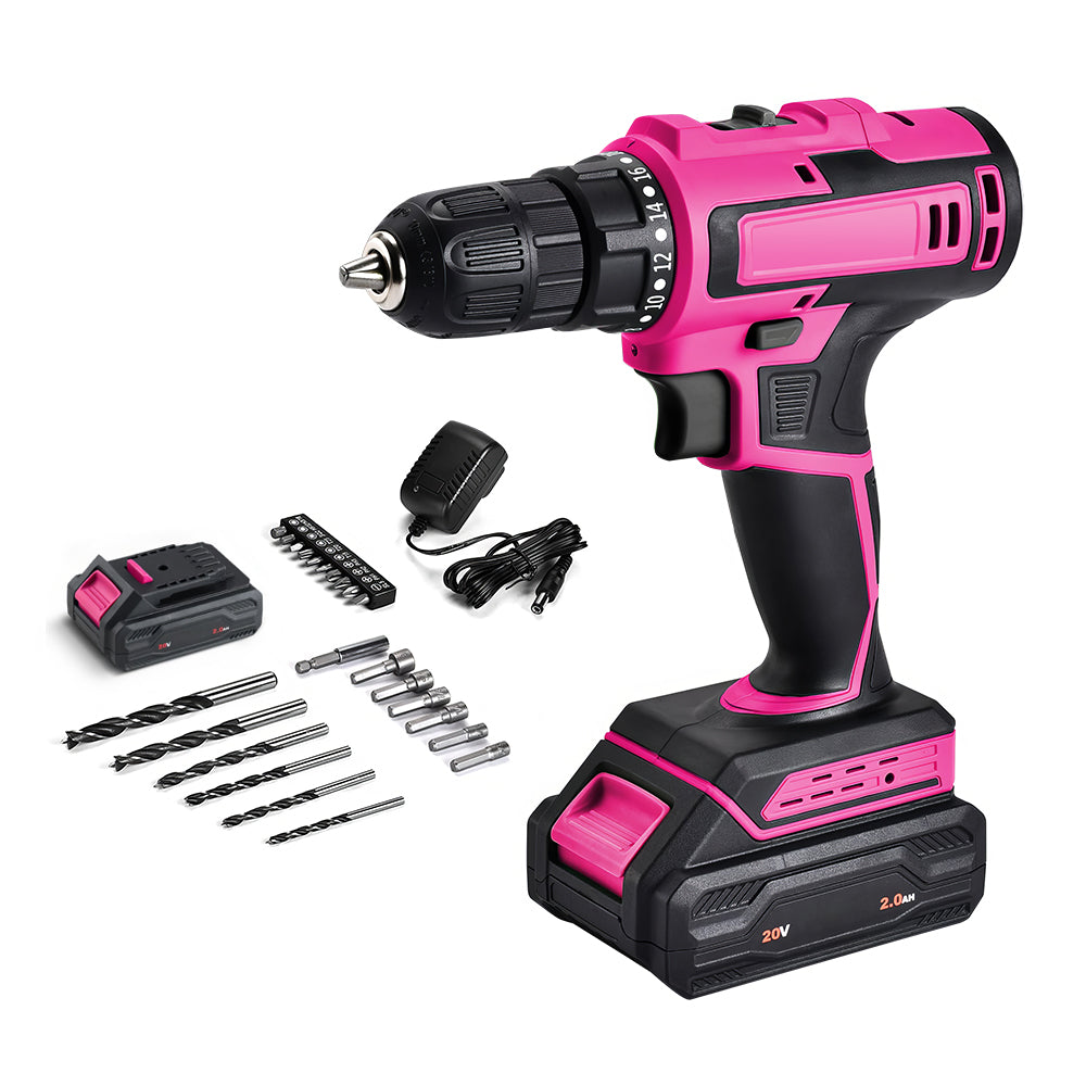 20V Cordless Drill Set with 2.0Ah Battery & Charger, 3/8" Chuck, 2-Speed