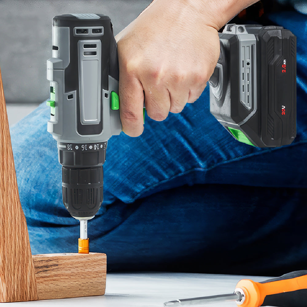 20V Cordless Drill Set with 2.0Ah Battery & Charger, 3/8" Chuck, 2-Speed